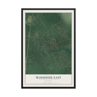 Map of Woodside East, Delaware, 12 x 18 inch print in a black wood frame