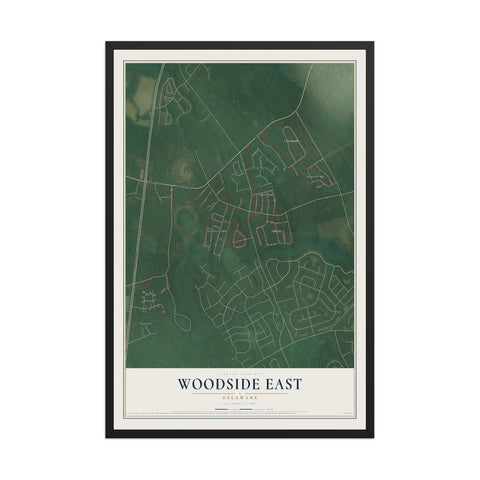 Map of Woodside East, Delaware, 12 x 18 inch print in a black wood frame