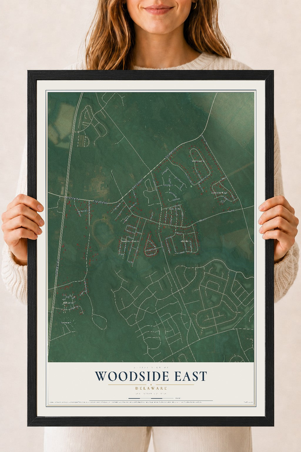 Map of Woodside East, Delaware, 18 x 24 inch print in a black wood frame