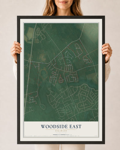 Map of Woodside East, Delaware, 24 x 36 inch print in a black wood frame