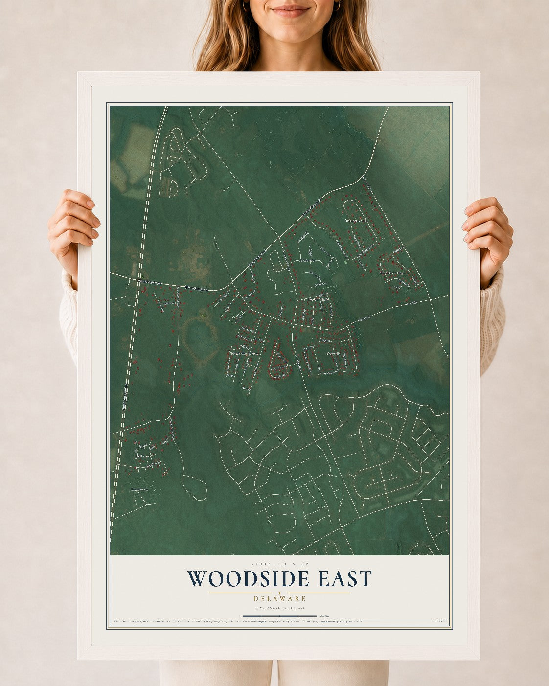 Map of Woodside East, Delaware, 24 x 36 inch print in a white wood frame