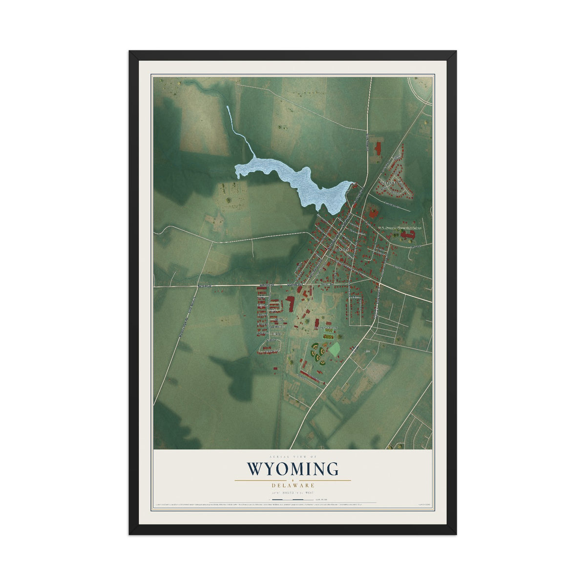 Map of Wyoming, Delaware, 12 x 18 inch print in a black wood frame