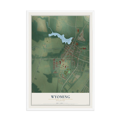 Map of Wyoming, Delaware, 12 x 18 inch print in a white wood frame