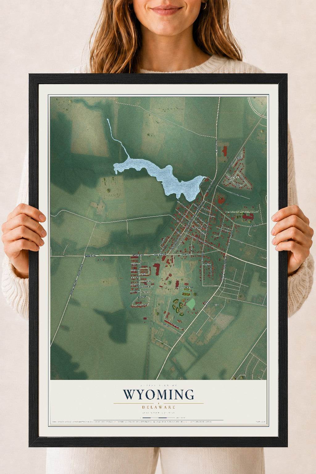 Map of Wyoming, Delaware, 18 x 24 inch print in a black wood frame