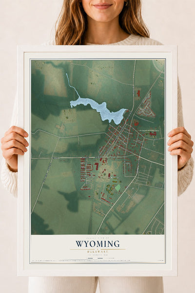 Map of Wyoming, Delaware, 18 x 24 inch print in a white wood frame
