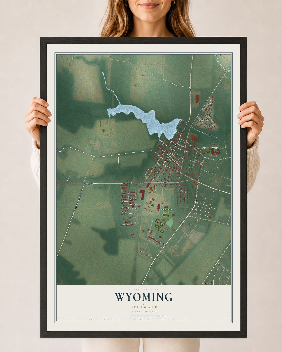 Map of Wyoming, Delaware, 24 x 36 inch print in a black wood frame