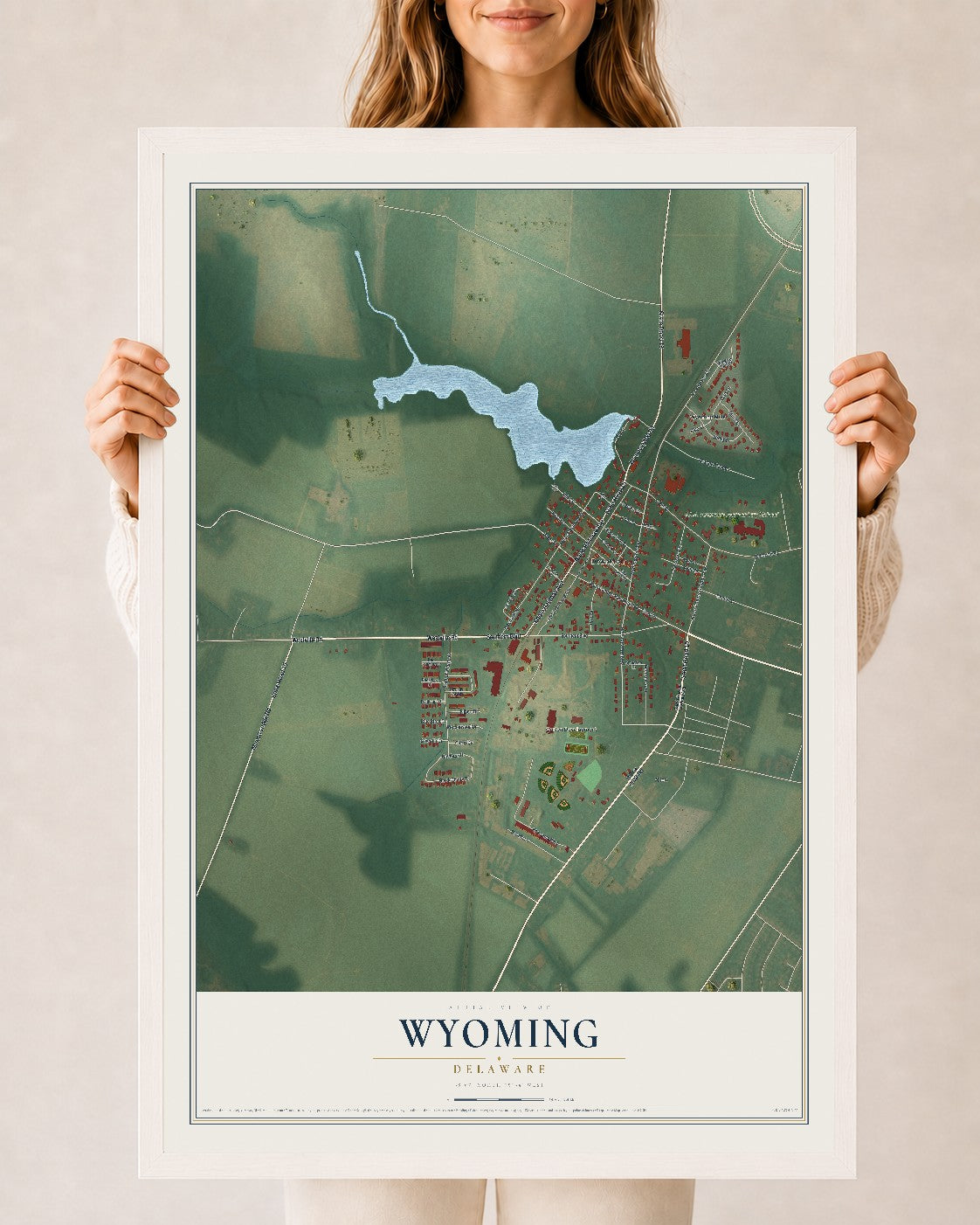 Map of Wyoming, Delaware, 24 x 36 inch print in a white wood frame