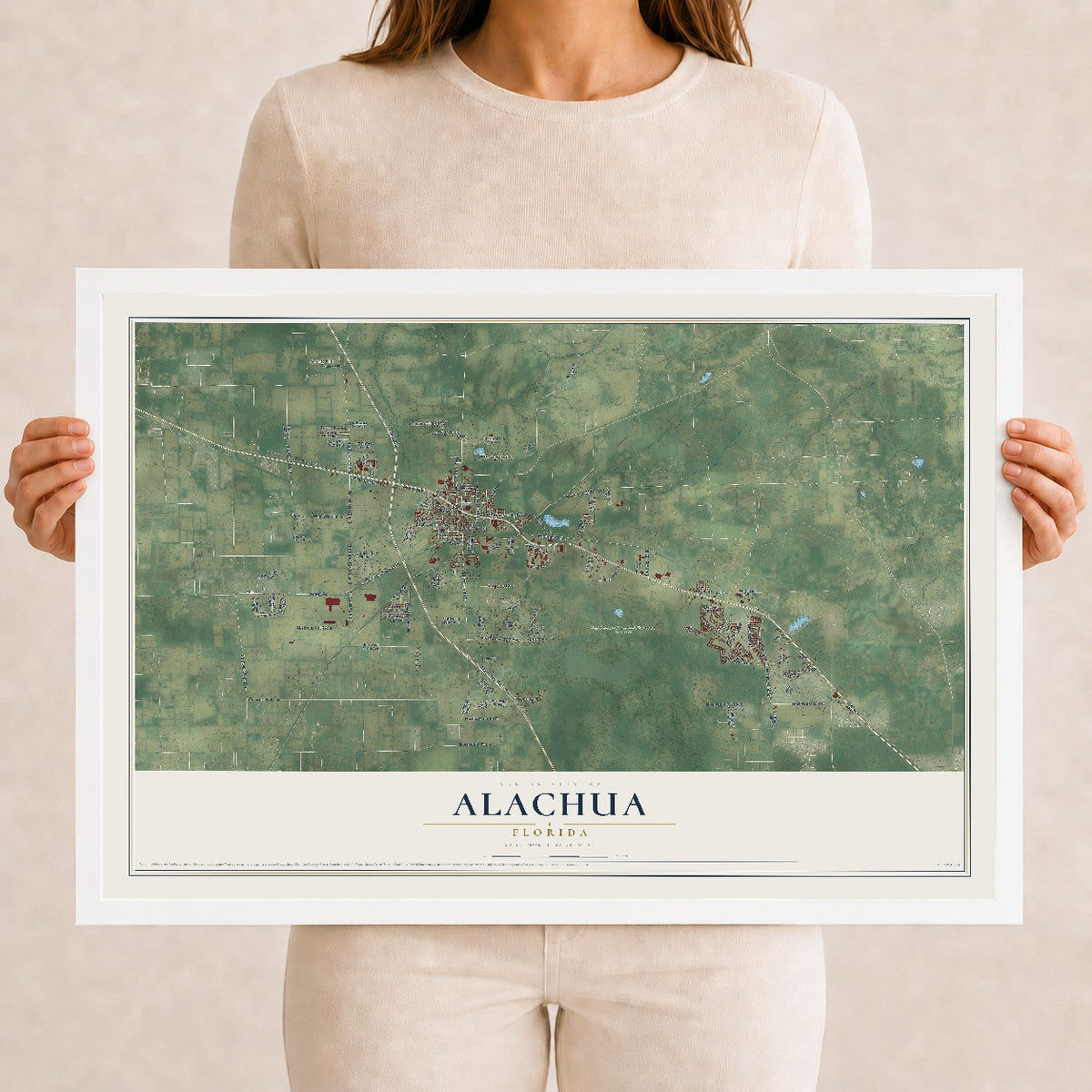 Alachua, Florida map print, 12" x 18" W/ White Ayous Wood Frame mockup