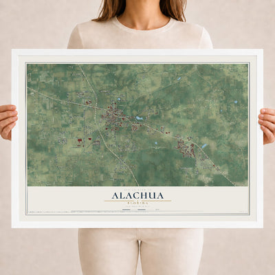 Alachua, Florida map print, 18" x 24" W/ White Ayous Wood Frame mockup