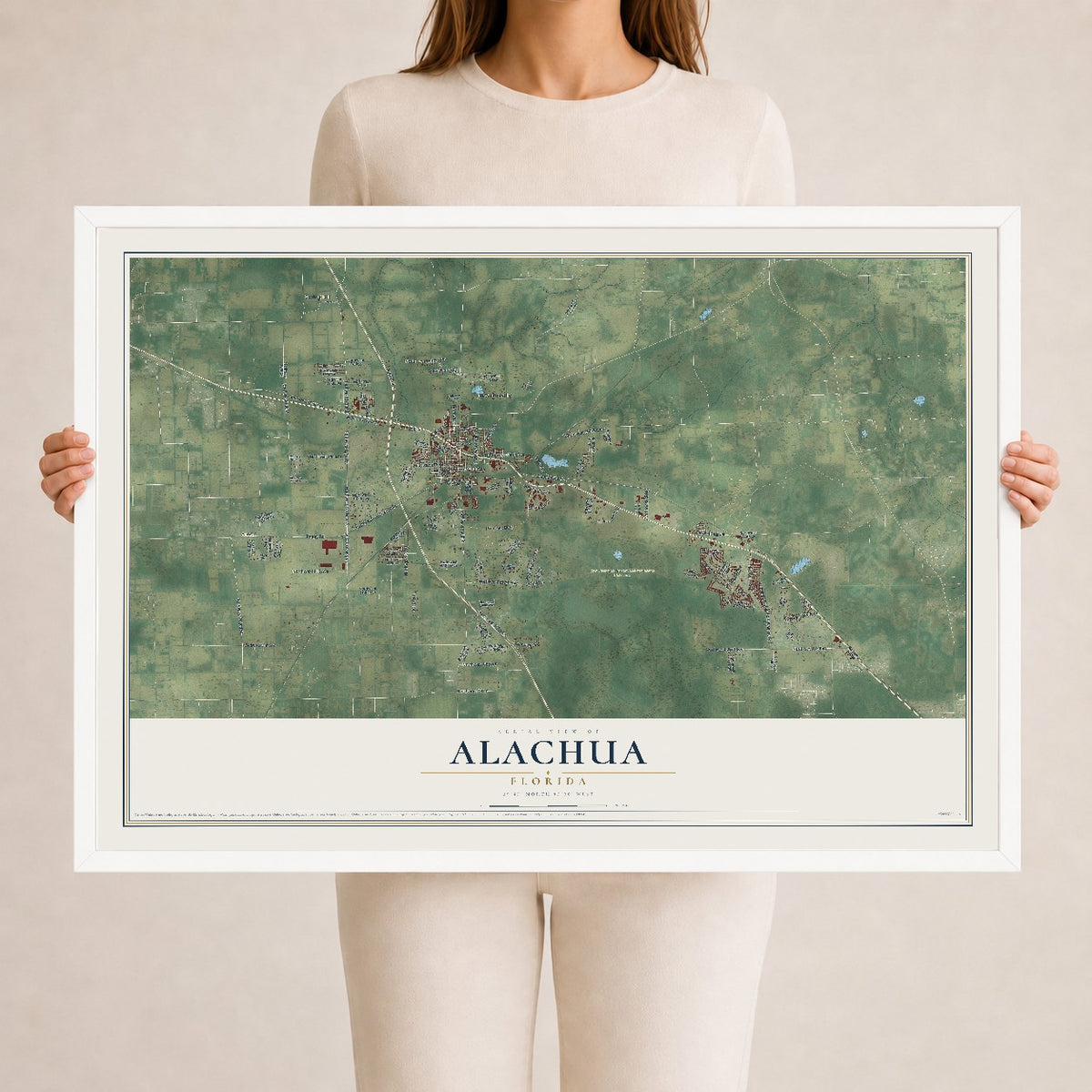 Alachua, Florida map print, 24" x 36" W/ White Ayous Wood Frame mockup