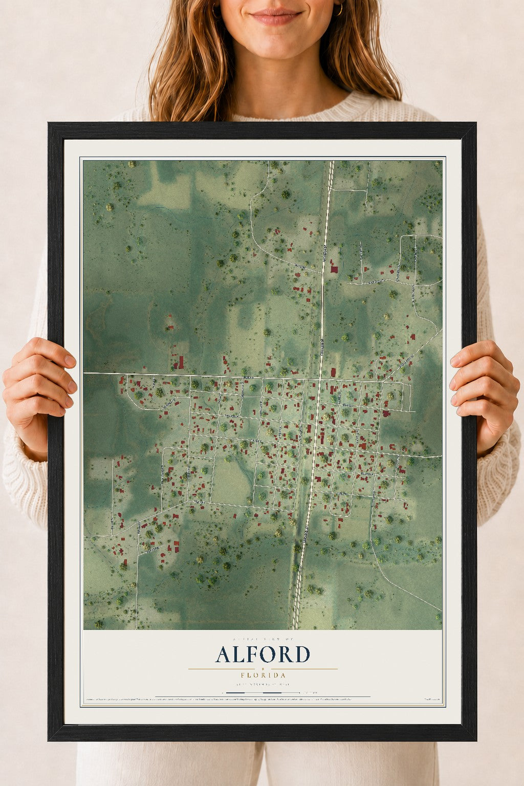 Alford, Florida map print, 18" x 24" W/ Black Ayous Wood Frame mockup