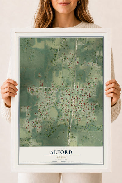 Alford, Florida map print, 18" x 24" W/ White Ayous Wood Frame mockup