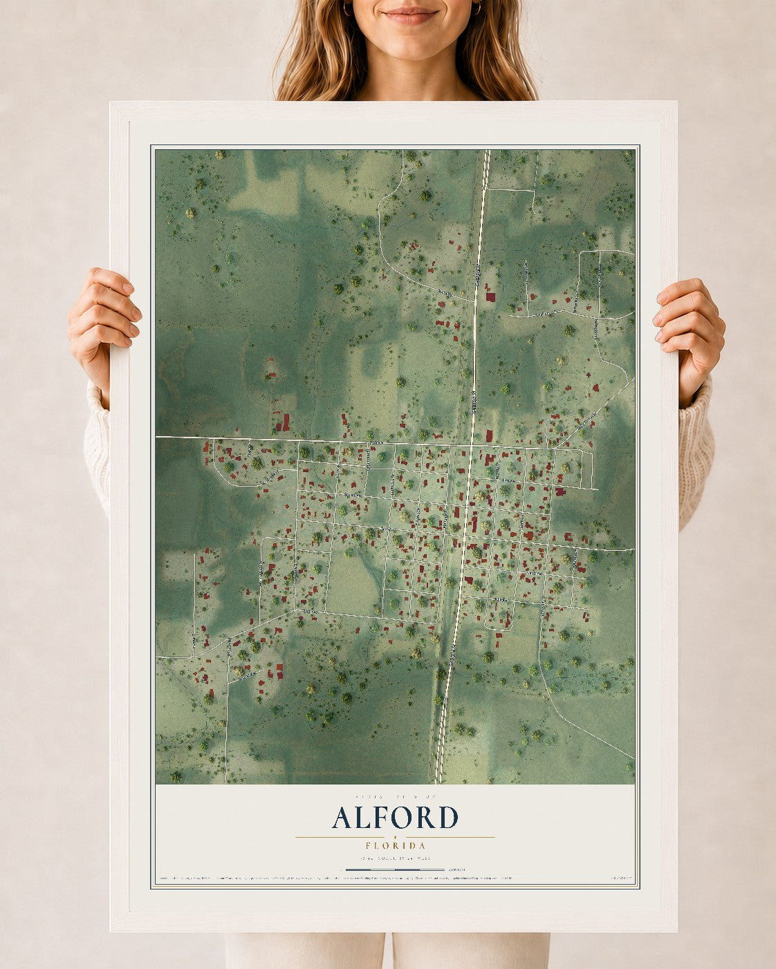 Alford, Florida map print, 24" x 36" W/ White Ayous Wood Frame mockup