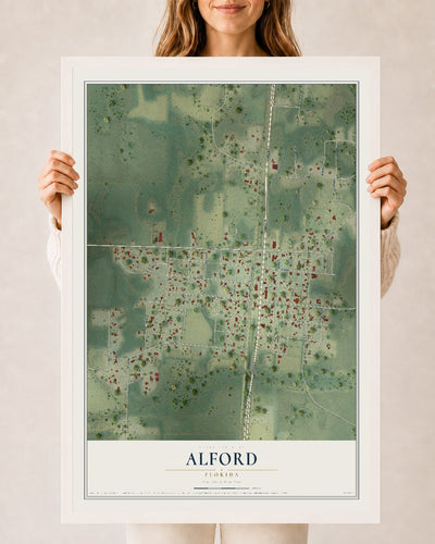 Alford, Florida map print, 24" x 36" W/ White Ayous Wood Frame mockup