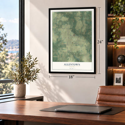 Allentown, Florida map, 18 x 24 inch print in a black frame in a home office