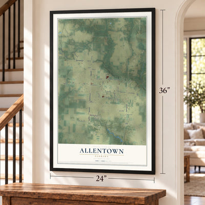 Allentown, Florida map, 24 x 36 inch print in a black frame by a staircase