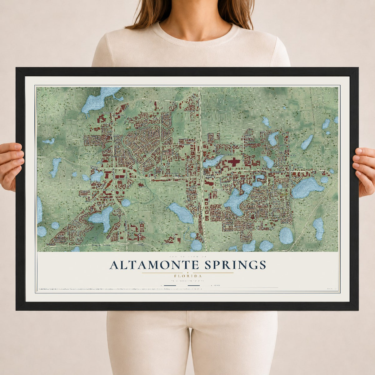Altamonte Springs, Florida map print, 18" x 24" W/ Black Ayous Wood Frame mockup