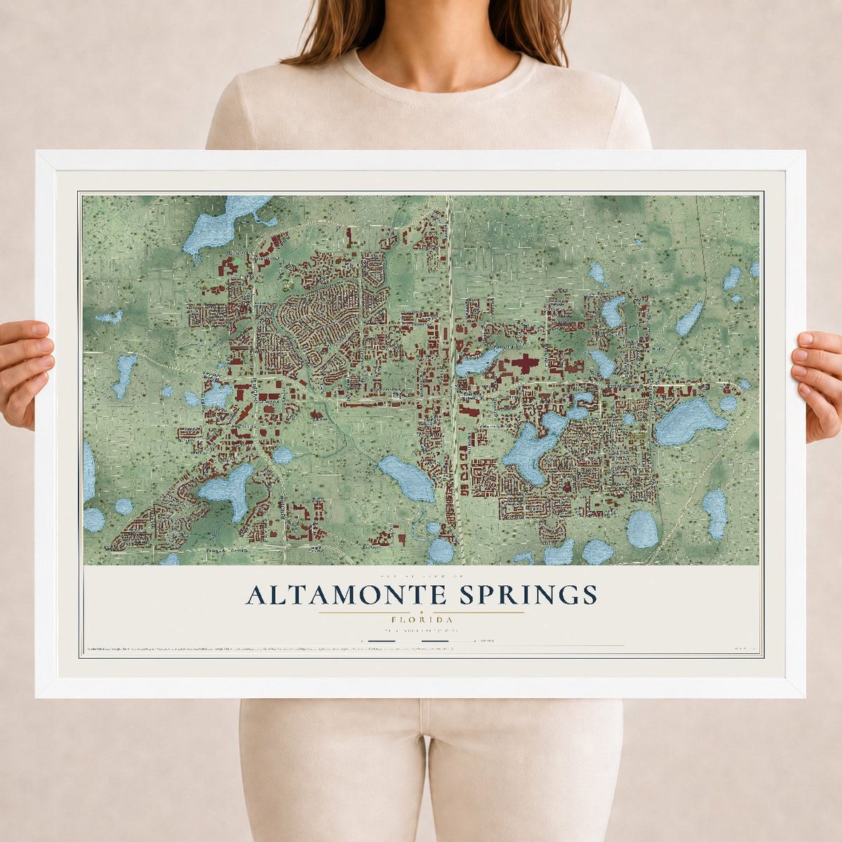 Altamonte Springs, Florida map print, 18" x 24" W/ White Ayous Wood Frame mockup