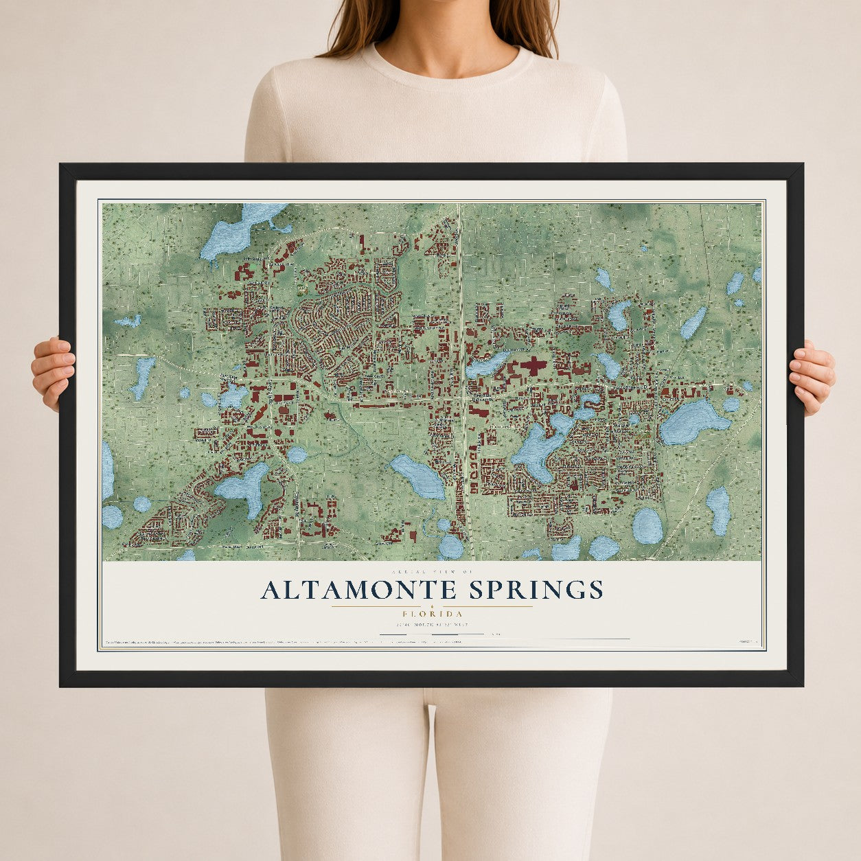Altamonte Springs, Florida map print, 24" x 36" W/ Black Ayous Wood Frame mockup