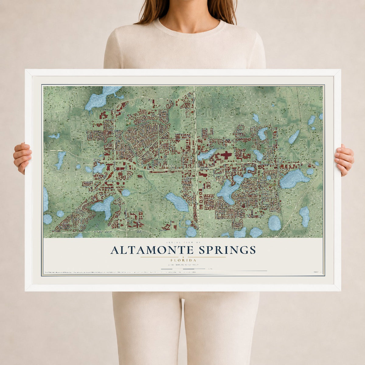 Altamonte Springs, Florida map print, 24" x 36" W/ White Ayous Wood Frame mockup