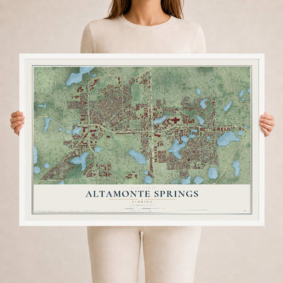 Altamonte Springs, Florida map print, 24" x 36" W/ White Ayous Wood Frame mockup