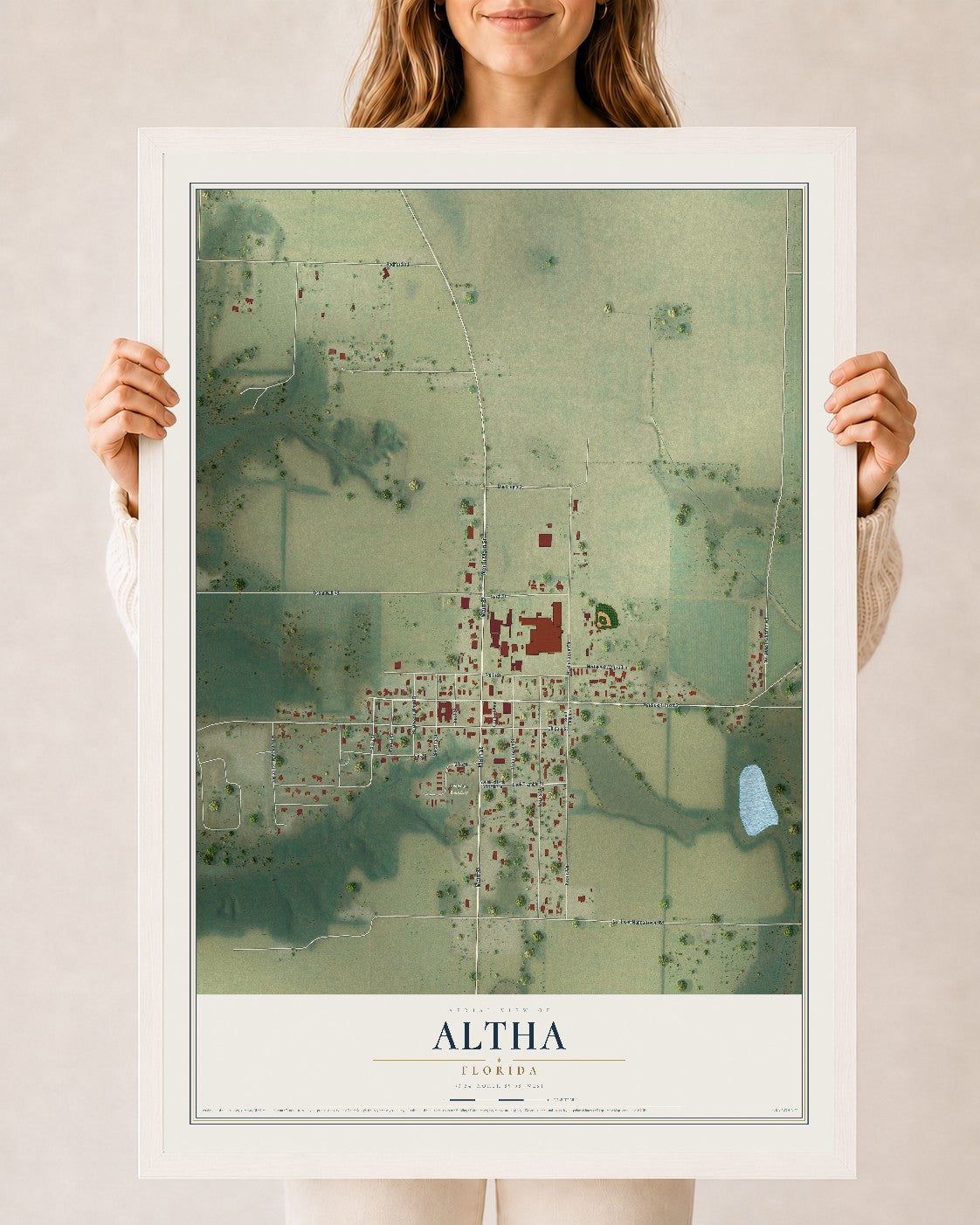 Altha, Florida map print, 24" x 36" W/ White Ayous Wood Frame mockup