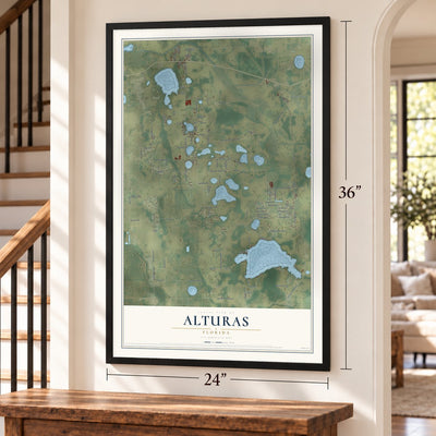 Alturas, Florida map, 24 x 36 inch print in a black frame by a staircase
