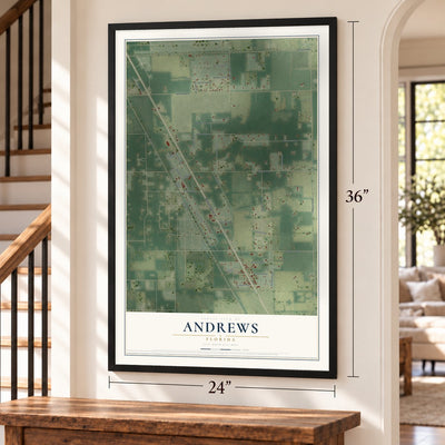 Andrews, Florida map, 24 x 36 inch print in a black frame by a staircase