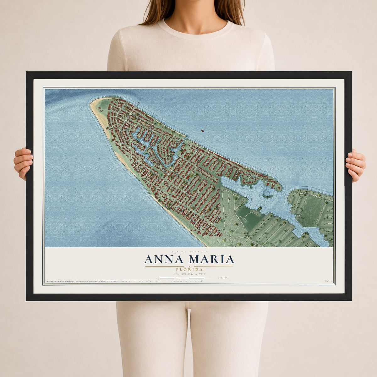 Anna Maria, Florida map print, 24" x 36" W/ Black Ayous Wood Frame mockup