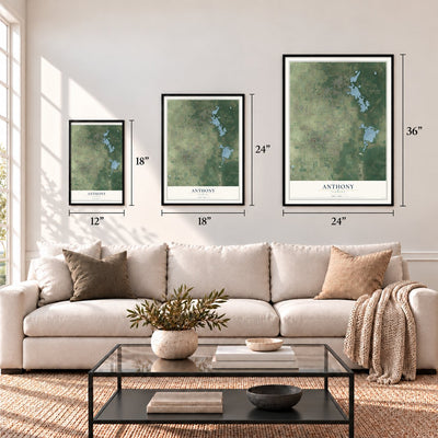 Anthony, Florida map in 12 x 18, 18 x 24 and 24 x 36 inch sizes above a sofa