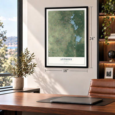 Anthony, Florida map, 18 x 24 inch print in a black frame in a home office