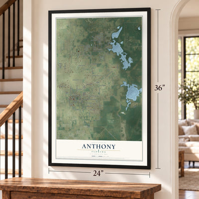 Anthony, Florida map, 24 x 36 inch print in a black frame by a staircase