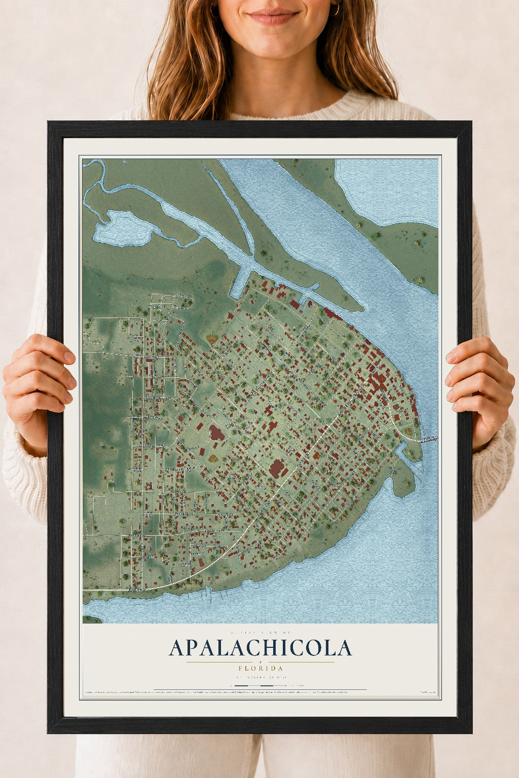 Apalachicola, Florida map print, 18" x 24" W/ Black Ayous Wood Frame mockup