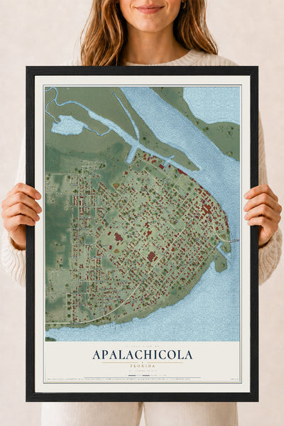 Apalachicola, Florida map print, 18" x 24" W/ Black Ayous Wood Frame mockup