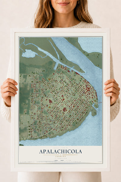 Apalachicola, Florida map print, 18" x 24" W/ White Ayous Wood Frame mockup
