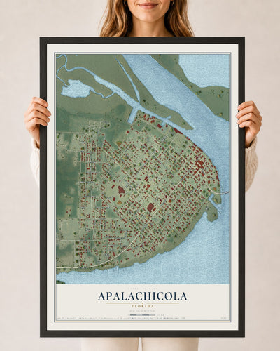 Apalachicola, Florida map print, 24" x 36" W/ Black Ayous Wood Frame mockup
