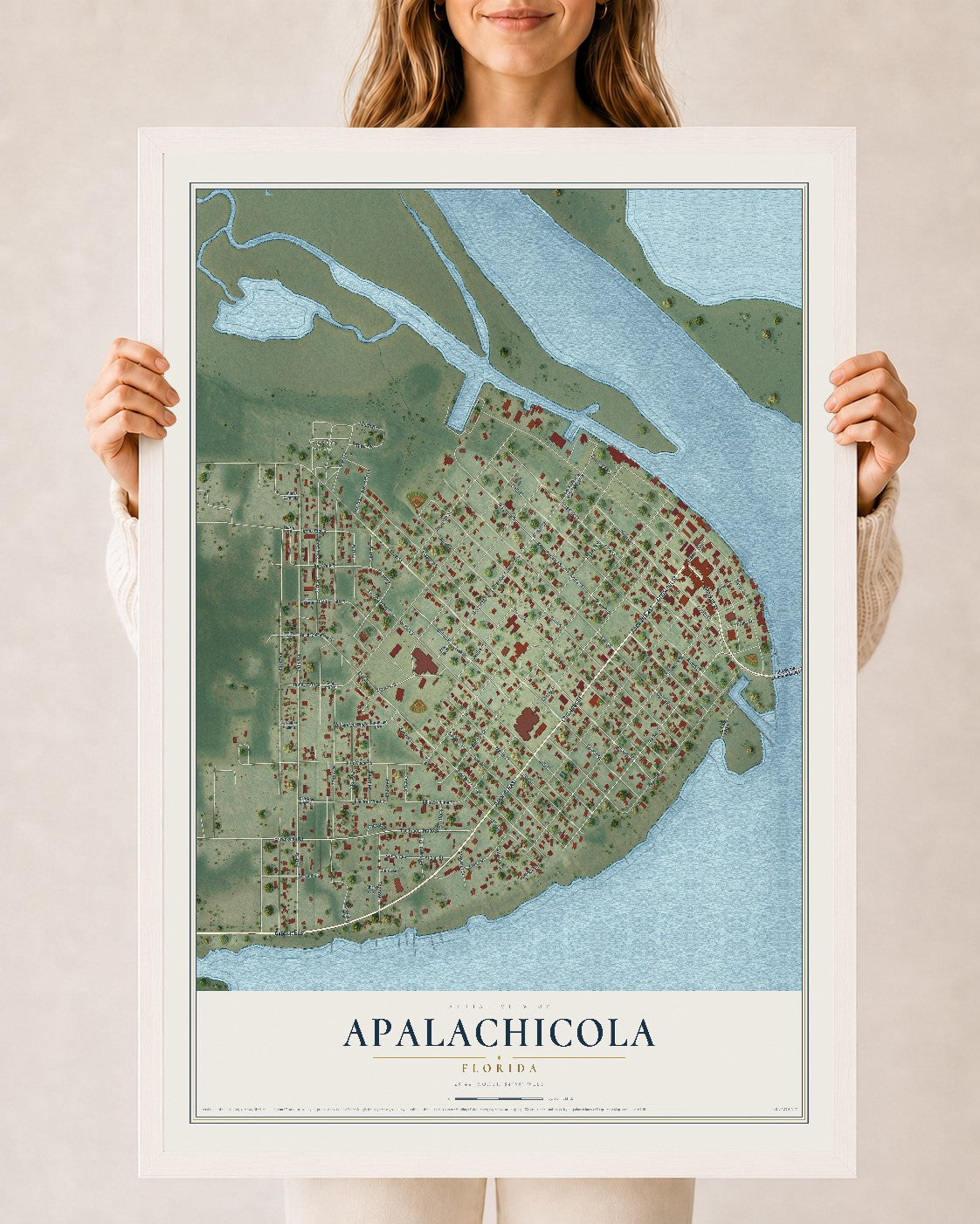 Apalachicola, Florida map print, 24" x 36" W/ White Ayous Wood Frame mockup