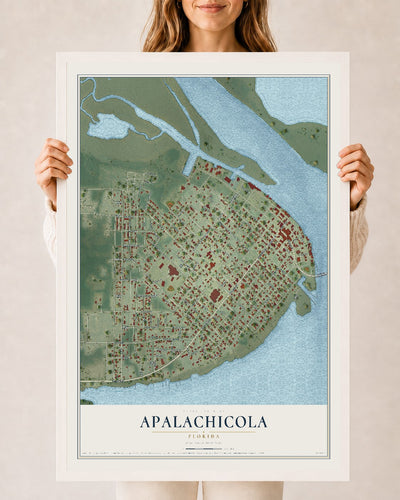 Apalachicola, Florida map print, 24" x 36" W/ White Ayous Wood Frame mockup