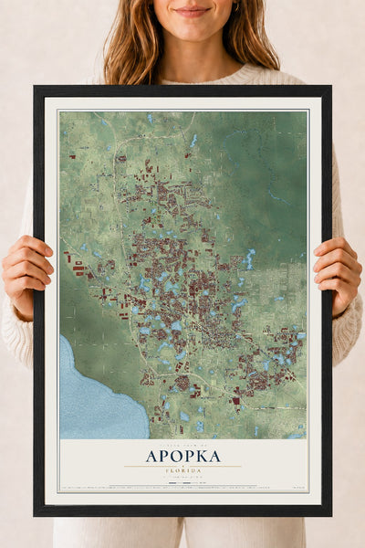 Apopka, Florida map print, 18" x 24" W/ Black Ayous Wood Frame mockup