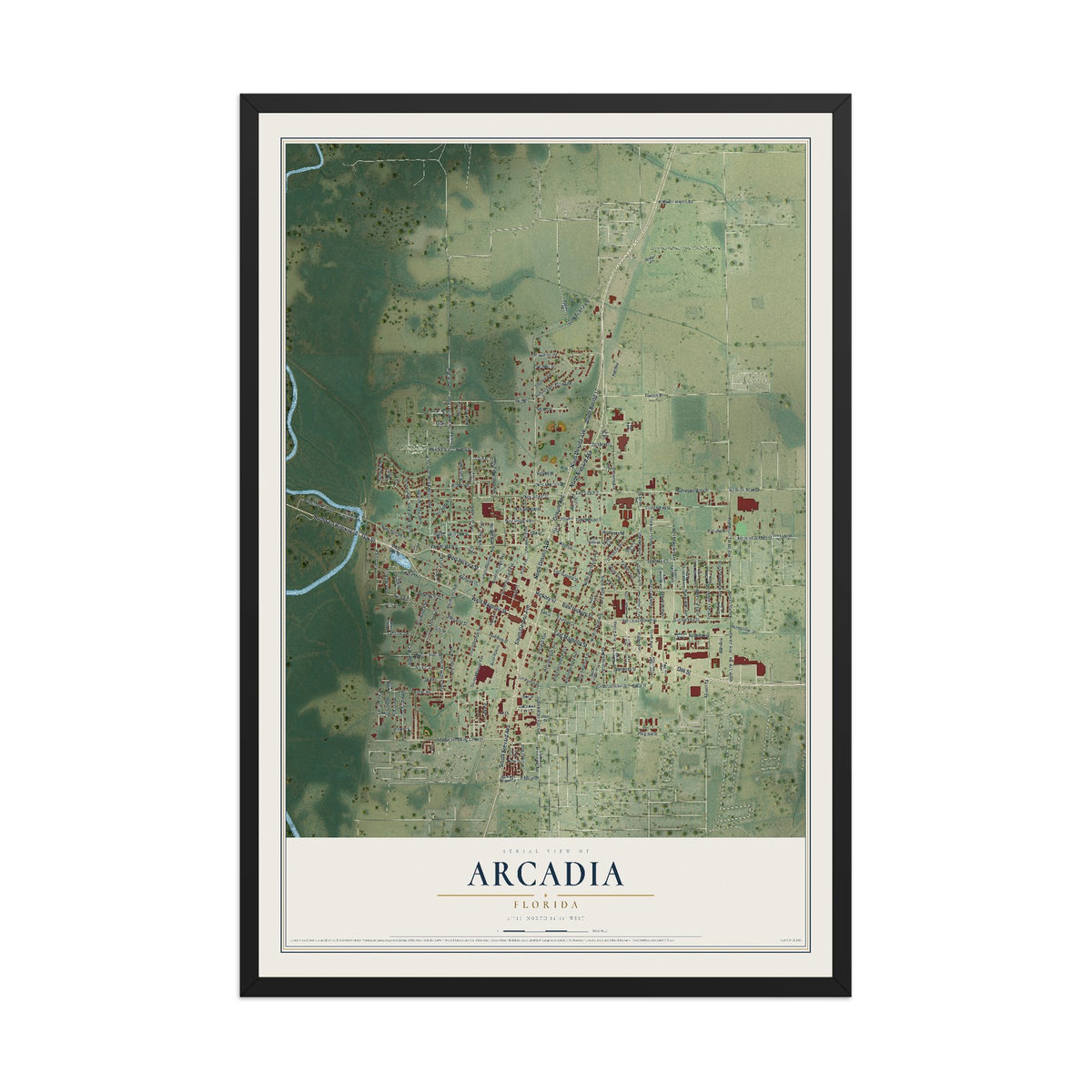 Arcadia, Florida map print, 12" x 18" W/ Black Ayous Wood Frame mockup