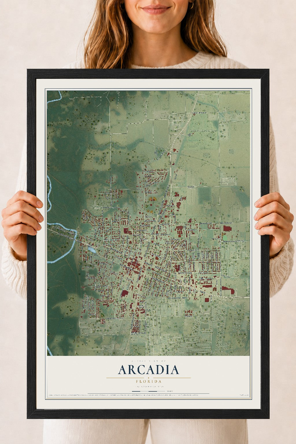 Arcadia, Florida map print, 18" x 24" W/ Black Ayous Wood Frame mockup