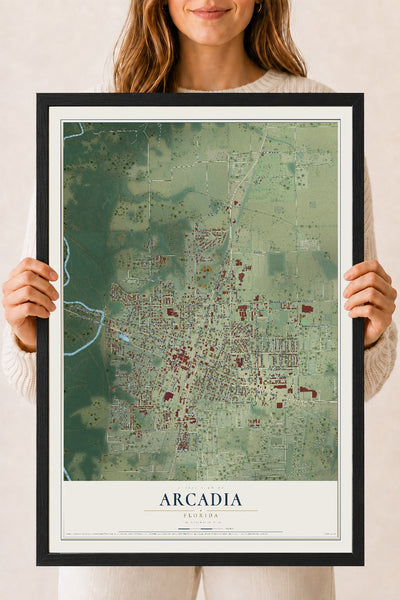 Arcadia, Florida map print, 18" x 24" W/ Black Ayous Wood Frame mockup