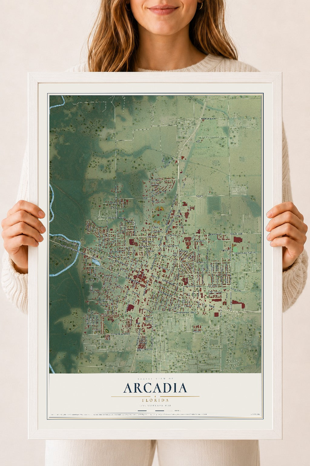 Arcadia, Florida map print, 18" x 24" W/ White Ayous Wood Frame mockup