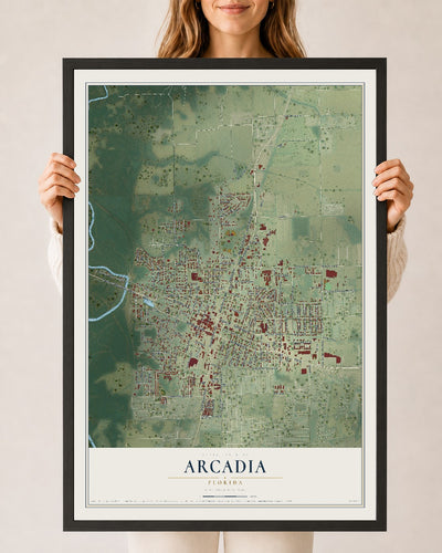 Arcadia, Florida map print, 24" x 36" W/ Black Ayous Wood Frame mockup
