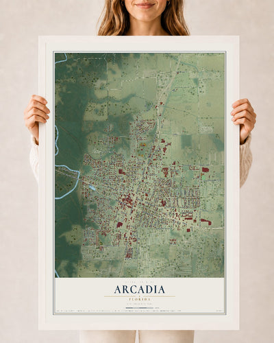 Arcadia, Florida map print, 24" x 36" W/ White Ayous Wood Frame mockup
