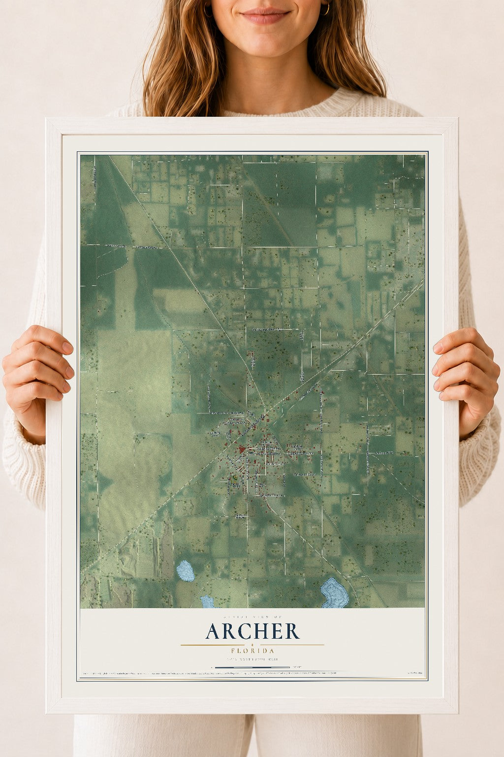Archer, Florida map print, 18" x 24" W/ White Ayous Wood Frame mockup