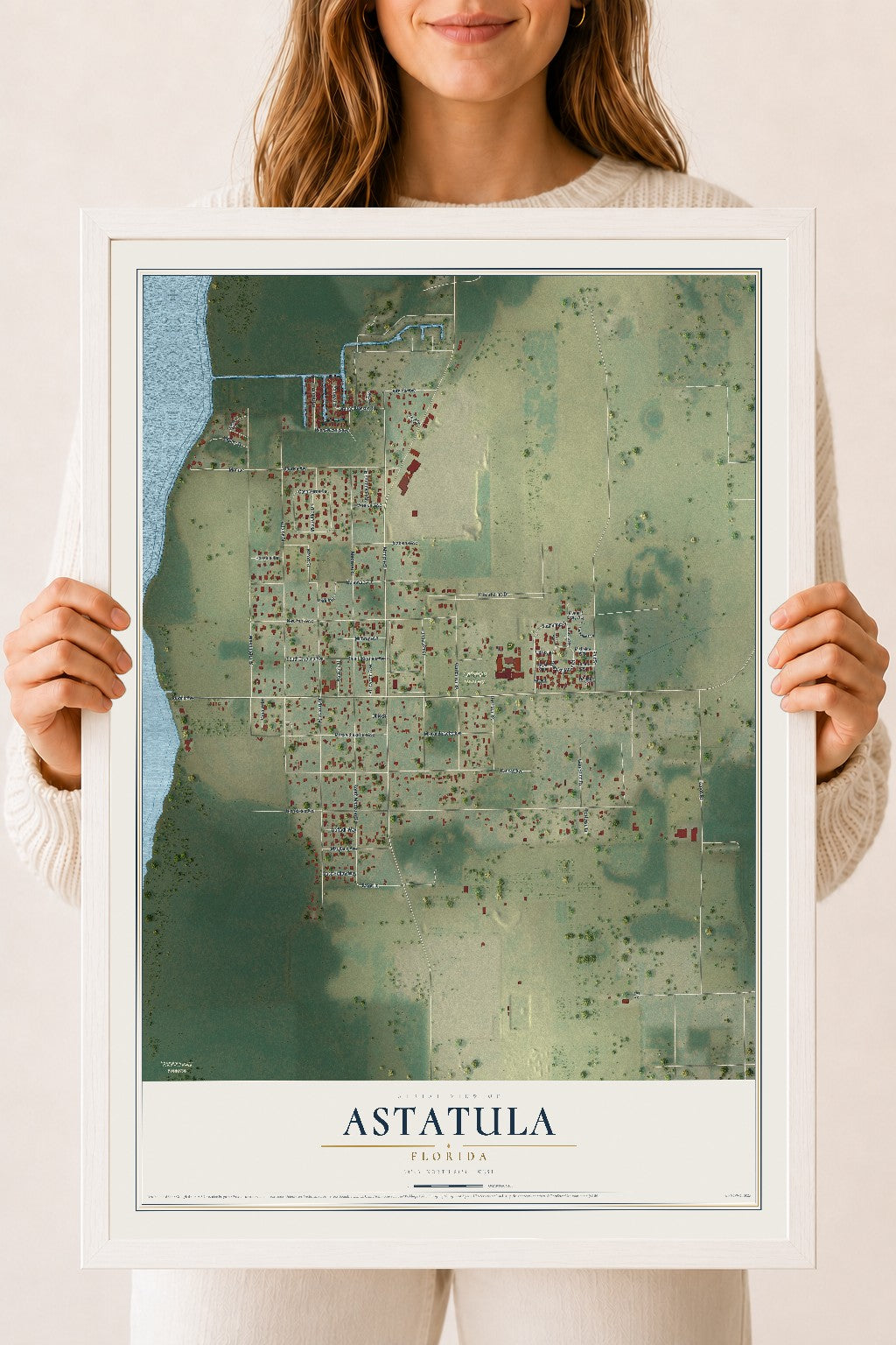 Astatula, Florida map print, 18" x 24" W/ White Ayous Wood Frame mockup