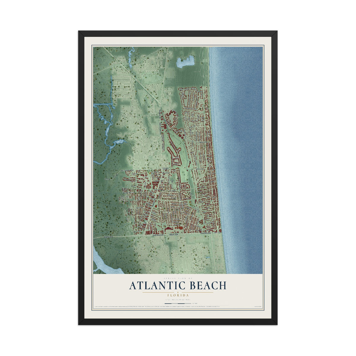 Atlantic Beach, Florida map print, 12" x 18" W/ Black Ayous Wood Frame mockup