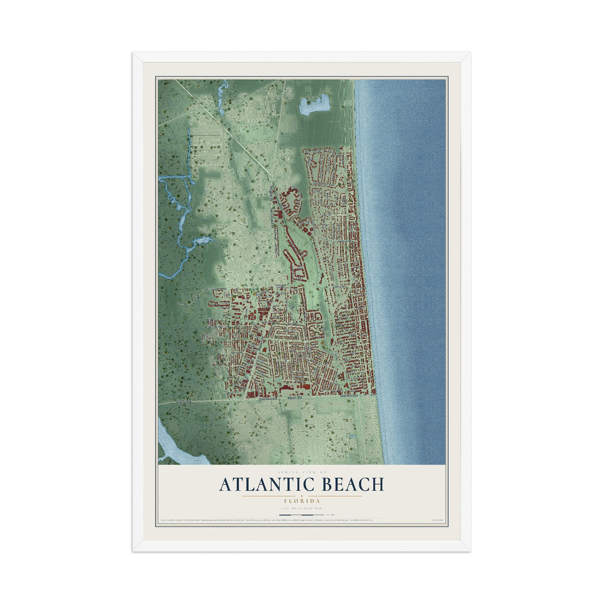 Atlantic Beach, Florida map print, 12" x 18" W/ White Ayous Wood Frame mockup