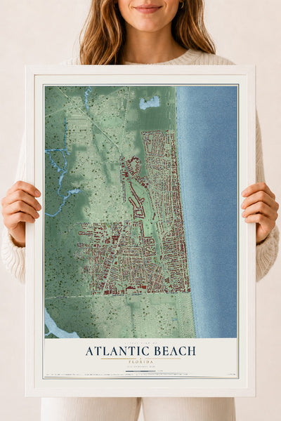 Atlantic Beach, Florida map print, 18" x 24" W/ White Ayous Wood Frame mockup